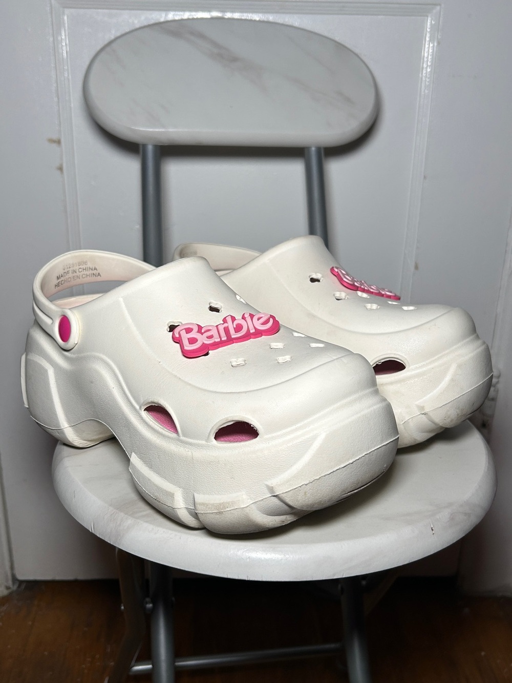 Barbie Women’s White Platform Clog Shoes with Pink Logo